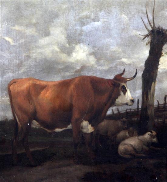 Attributed to Paulus Potter (1625-1654) Bull and sheep in a landscape, 13 x 12in.